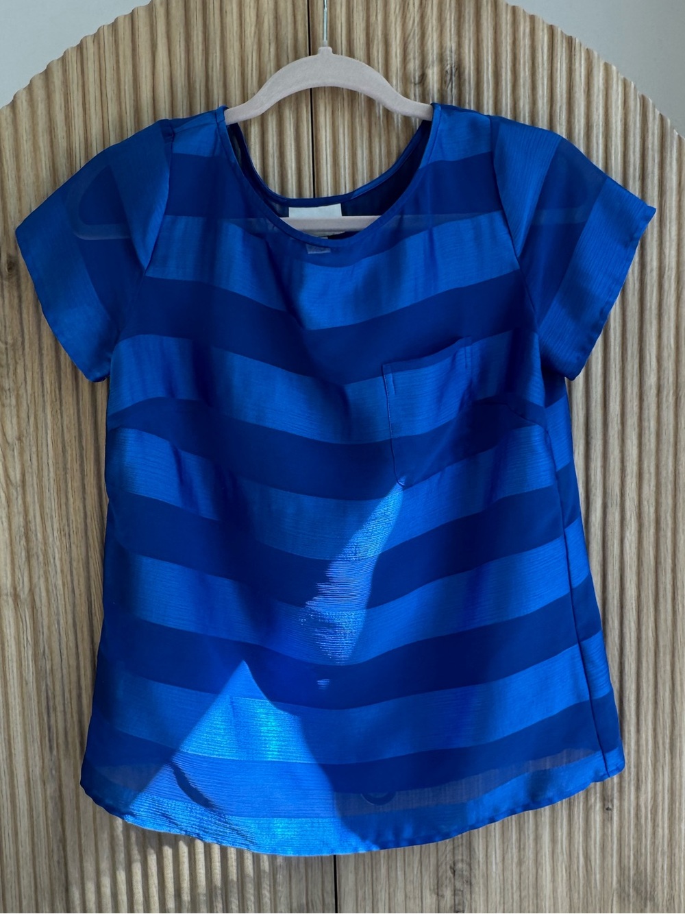 Ann Taylor LOFT | Petite Blue Sheer Striped Short Sleeve Pocket Blouse SP